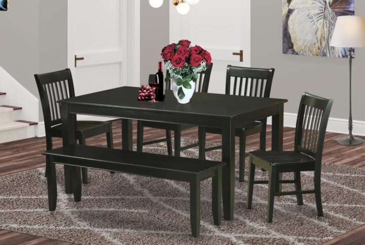 This 6-piece dining set offers one dining table plus 4 chairs along with a bench. The dinette set offers a maximum seat capacity of 7