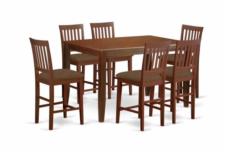This rectangular counter height table sets have stunning Asian superb solid wood with an Mahogany finish. Choose a superb padded style seat to enhance your dining-room set. Counter height dining chair feature a slatted back design for max comfort level when sitting down. Pub table offers a lot of space for your large family with many people. Classy design kitchen table along with straight legs make this by far the most versatile counter height table together with chairs sets.