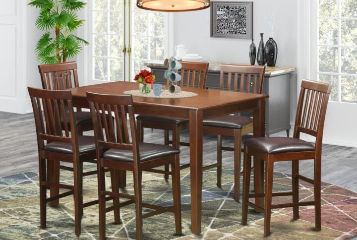 This rectangular counter height table sets have stunning Asian strong wood with an Mahogany finish. Choose an an exquisite faux leather design seat to match your dining-room set. Kitchen bar stool provide a slatted back shape for max comfort level while sitting down. Gathering table offers an abundance of space for your good-sized family unit with numerous individuals. Classy design kitchen table along with straight legs makes this by far the most accommodating counter height table together with chairs sets.
