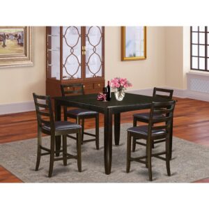 Counter height pub sets provides a traditional style that has square counter height dining table and bar stools which feels at home either in a functioning kitchen area or standard dining-room. Table and chairs have a luxurious stylish look combined with beveled edges. Pleasantly seat your friends and relatives with the table built-in self storage expansion leaf. Square pub table is mounted on four dependable corner posts for plenty leg room. Kitchen bar stool have ladder back styling along with sleek and relaxing padded seats. Finished in rich Cappuccino color.