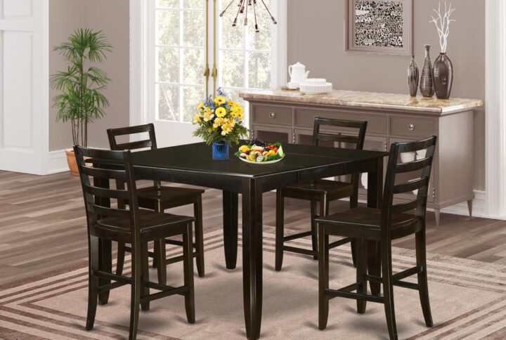 Counter height sets gives a classic style with square gathering table and chairs which feels right at home either in a working kitchen or formal dining area. Table and chairs have a smooth stylish look with beveled edges. Comfortably seat your friends and relatives with the table integrated self storing extendable leaf. Square high dining table is mounted on 4 dependable corner posts for adequate leg room. Bar stools with backs posses ladder back styling with sleek and calming wood seats. Finished in rich Cappuccino color.