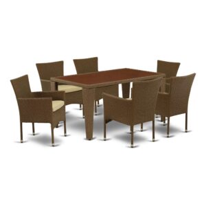 Furnish your patio dining area with this wicker patio set with a Brown finish. This 7 pc GUBK7-02A Outdoor-Furniture set includes an acacia wood top Outdoor-Furniture table and 6 single arm chairs. Constructed from a lightweight steel frame and wrapped with woven resin wicker fiber