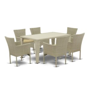 Furnish your patio dining area with this wicker patio set with a Natural finish. This 7 pc GUBK7-03A Outdoor-Furniture set includes an acacia wood top Outdoor-Furniture table and 6 single arm chairs. Constructed from a lightweight steel frame and wrapped with woven resin wicker fiber
