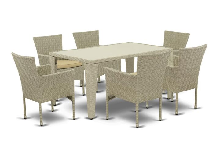 Furnish your patio dining area with this wicker patio set with a Natural finish. This 7 pc GUBK7-03A Outdoor-Furniture set includes an acacia wood top Outdoor-Furniture table and 6 single arm chairs. Constructed from a lightweight steel frame and wrapped with woven resin wicker fiber
