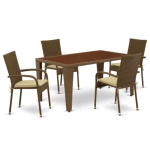 Furnish your patio dining area with this wicker patio set with a Brown finish. This 5 pc GUGU5-02A Outdoor-Furniture set includes an acacia wood top Outdoor-Furniture table and 4 single arm chairs. Constructed from a lightweight steel frame and wrapped with woven resin wicker fiber