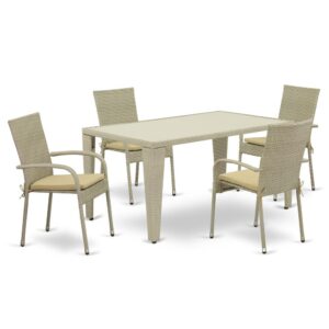 Furnish your patio dining area with this wicker patio set with a Natural finish. This 5 pc GUGU5-03A Outdoor-Furniture set includes an acacia wood top Outdoor-Furniture table and 4 single arm chairs. Constructed from a lightweight steel frame and wrapped with woven resin wicker fiber