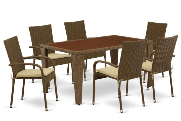 Furnish your patio dining area with this wicker patio set with a Brown finish. This 7 pc GUGU7-02A Outdoor-Furniture set includes an acacia wood top Outdoor-Furniture table and 6 single arm chairs. Constructed from a lightweight steel frame and wrapped with woven resin wicker fiber