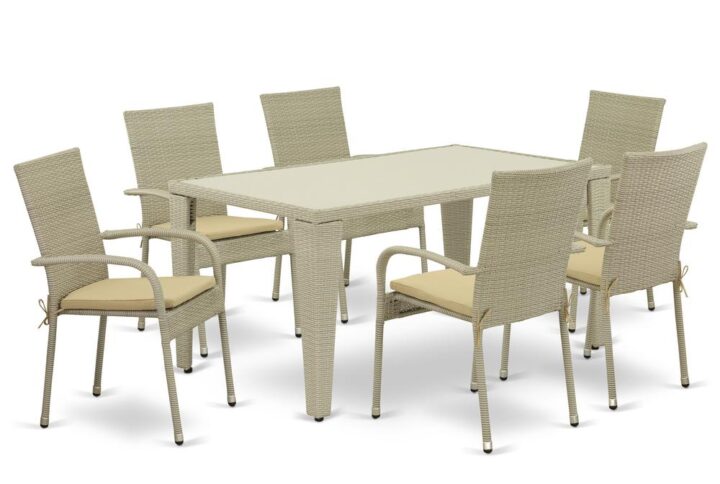Furnish your patio dining area with this wicker patio set with a Natural finish. This 7 pc GUGU7-03A Outdoor-Furniture set includes an acacia wood top Outdoor-Furniture table and 6 single arm chairs. Constructed from a lightweight steel frame and wrapped with woven resin wicker fiber