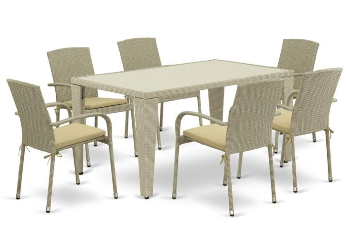 Furnish your patio dining area with this wicker patio set with a Natural finish. This 7 pc GUJU7-03A Outdoor-Furniture set includes an acacia wood top Outdoor-Furniture table and 6 single arm chairs. Constructed from a lightweight steel frame and wrapped with woven resin wicker fiber