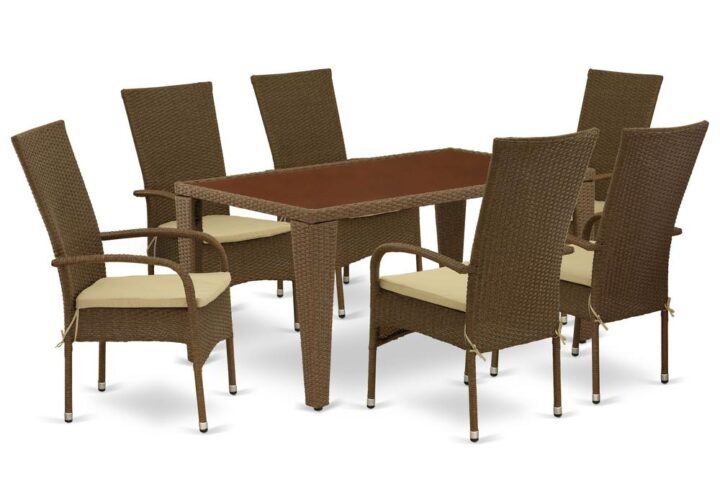 Furnish your patio dining area with this wicker patio set with a Brown finish. This 7 pc GUOS7-02A Outdoor-Furniture set includes an acacia wood top Outdoor-Furniture table and 6 single arm chairs. Constructed from a lightweight steel frame and wrapped with woven resin wicker fiber