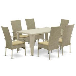 Furnish your patio dining area with this wicker patio set with a Natural finish. This 7 pc GUOS7-03A Outdoor-Furniture set includes an acacia wood top Outdoor-Furniture table and 6 single arm chairs. Constructed from a lightweight steel frame and wrapped with woven resin wicker fiber