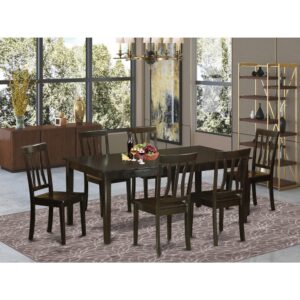 Henley table set that showcases stunning Asian solid wood with a Cappuccino color. This table and chairs set delivers a lot of area for your large family get together and every day gatherings. The dining table top is a calmer Cappuccino color combined with a personalized storage butterfly leaf which could be adjusted so as to add much more room
