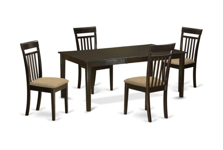 Henley dinette set possesses this excellent Asian solid wood with an Cappuccino color. The modern and straightforward style of this table and chairs set along with its Cappuccino shades and tones give the table and seating to easily complement almost any dining room. The dining room chairs possess a sophisticated slat back for maximum comfort while seated.Kitchen dinette set offers you a considerable amount of spaciousness for virtually any big household. The dining tables top has a self storage butterfly leaf. The subtle toned coloration of the kitchen dinette table and seating are the optimal supplement to a more traditional living area and present it that inviting disposition that attracts you in.