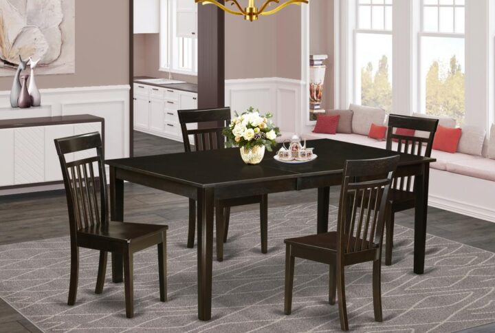 Henley dinette set which possesses lovely Asian solid wood with a Cappuccino color. This table and chairs set provides plenty of area for any big family gatherings and recreational gatherings. The table top is a lighter Cappuccino color combined with a personal storage butterfly leaf which could be adjusted to add additional room