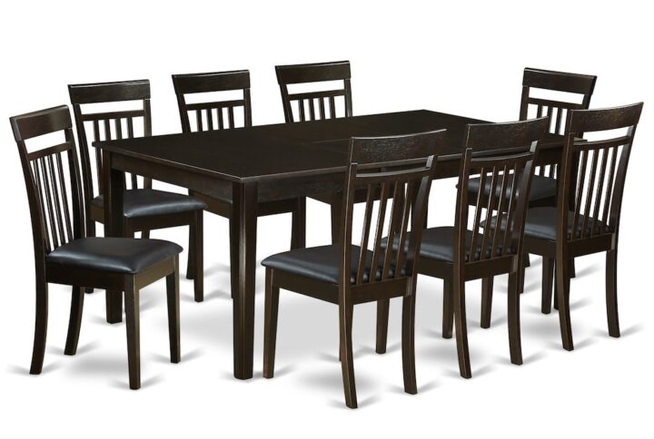 Henley dinette table set highlights this kind of Asian wood which has a Cappuccino color. The fashionable and easy style of this amazing table and chairs set and its Cappuccino tones give the dining table and chairs to easily coordinate just about any dining room. The kitchen chairs possess a sophisticated slat back shape for maximum comfort level when sitting down.Dining table set features a considerable amount of breathing space for your sizable home. These kitchen dinette table top has a self storage butterfly leaf. The discreetly toned colors of the dining table and seating would be the finest complement for a classic dining area and present it that warm and inviting environment that draws you in.