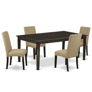 The HEDR5-CAP-03 dinette set is specifically created in a fashionable style with clean aspects which will direct and guide the room it occupies. The amazing rectangular dining room table features a Cappuccino color that enhances a number of distinct attractive themes. The smooth color of the kitchen dinette table subtly demonstrates light to lighten up the living area and showcase the dining room tables
