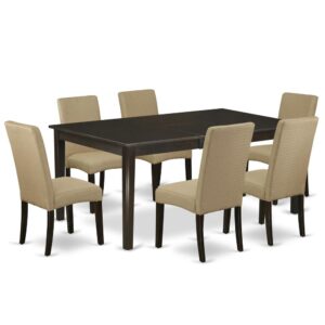 The HEDR7-CAP-03 dinette set is specifically created in a fashionable style with clean aspects which will direct and guide the room it occupies. The amazing rectangular dining room table features a Cappuccino color that enhances a number of distinct attractive themes. The smooth color of the kitchen dinette table subtly demonstrates light to lighten up the living area and showcase the dining room tables