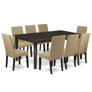 The HEDR9-CAP-03 dinette set is specifically created in a fashionable style with clean aspects which will direct and guide the room it occupies. The amazing rectangular dining room table features a Cappuccino color that enhances a number of distinct attractive themes. The smooth color of the kitchen dinette table subtly demonstrates light to lighten up the living area and showcase the dining room tables