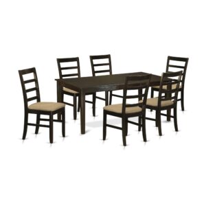 Henley dining room set which incorporates beautiful Asian wood with a Cappuccino color. This Dinette set features a great deal of space for just about any sizeable family get togethers and more casual gatherings. The dining tables top is a richer Cappuccino color equipped with a personal storage butterfly leaf that could be fully extended in order to add extra room
