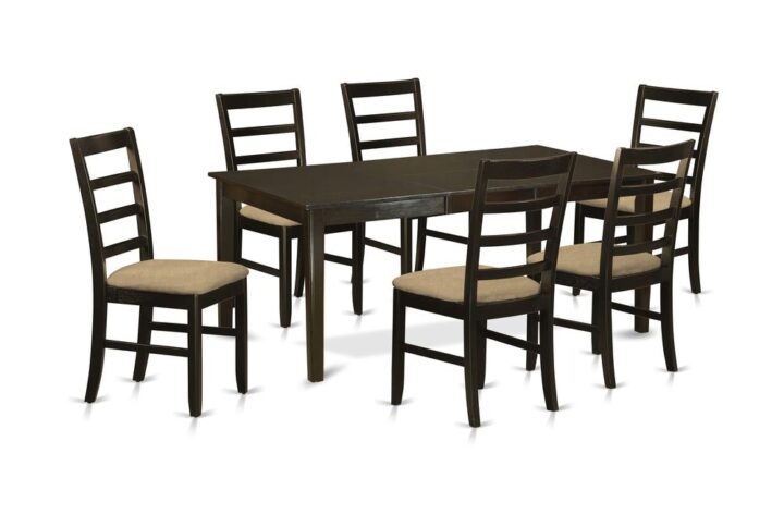 Henley dining room set which incorporates beautiful Asian wood with a Cappuccino color. This Dinette set features a great deal of space for just about any sizeable family get togethers and more casual gatherings. The dining tables top is a richer Cappuccino color equipped with a personal storage butterfly leaf that could be fully extended in order to add extra room
