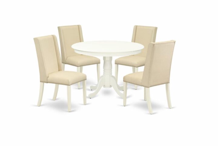 EAST WEST FURNITURE 5-PIECE DINING ROOM SET 4 STUNNING PARSON DINING CHAIRS AND DINNER TABLE                                                                                                                                                                                                                                   Our dining table set includes 4 awesome parson chairs and an excellent pedestal legs kitchen table. The modern round dining table set gives a Linen White hardwood small round table and frame and a wonderful Cream Linen Dining Chairs seat and high back that bring elegance to your dining area and increase the elegance of your awesome dining room. The high-quality of our gorgeous chairs helps our lovely customers to get relaxation and feel free when getting their meal. This small round table crafted from superior quality rubber wood which can bear the weight of 300 Lbs. Our parson chairs have a wooden structure with a luxury seat of high-quality foam which is covered with Linen Fabric that offers you relaxation with friends or family. This listing has a premium color of Linen White finish for living room table and Cream Linen finish of dining room chairs. Our stunning premium colors increase the beauty of your living area and offer a luxurious glance to your dining room or dining area. East West furniture always manufactured from modern furniture along with easy assembling parts. We try to keep our furniture parts innovative as well as simple. Our high class dining room set is perfect for your attractive dining area as well as the kitchen. You can use it for casual home parties. Keep enjoying East West modern furniture!