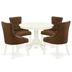 A well designed dining room brings an affectionate family feeling and assures that meals are always filled with joy. This amazing HLFR5-LWH-18 dinette set includes a round dining table and four parson chairs finished in distinctive lovely color linen white to compliment any kind of dining area or home's kitchen. The fresh and clean lines dominate the cutting-edge design of the round kitchen Dinette table of this exclusive kitchen Set. Made up of rubber wood