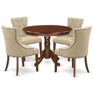 A well designed dining room brings an affectionate family feeling and assures that meals are always filled with joy. This amazing HLFR5-MAH-05 dinette set includes a round dining table and four parson chairs finished in distinctive elegant color mahogany to compliment any kind of dining area or home's kitchen. The fresh and clean lines dominate the cutting-edge design of the round kitchen Dinette table of this exclusive kitchen Set. Made up of rubber wood