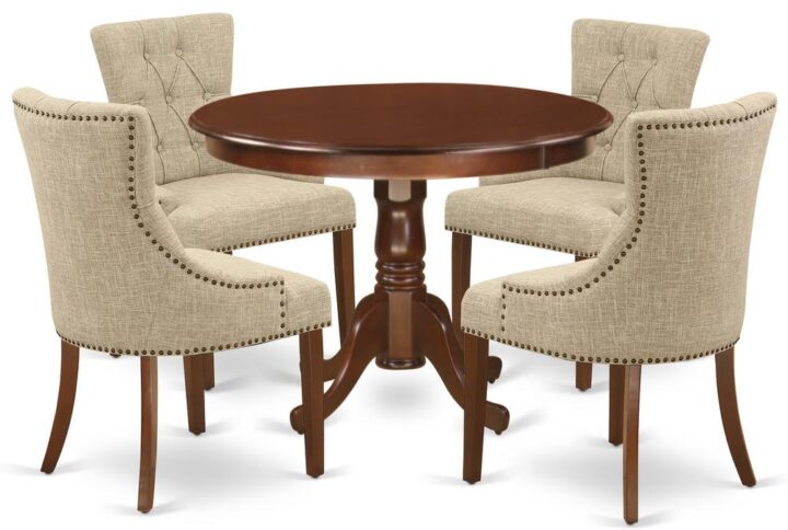 A well designed dining room brings an affectionate family feeling and assures that meals are always filled with joy. This amazing HLFR5-MAH-05 dinette set includes a round dining table and four parson chairs finished in distinctive elegant color mahogany to compliment any kind of dining area or home's kitchen. The fresh and clean lines dominate the cutting-edge design of the round kitchen Dinette table of this exclusive kitchen Set. Made up of rubber wood