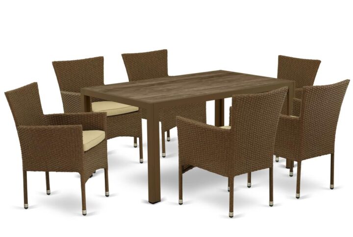 Furnish your patio dining area with this wicker patio set with a Brown finish. This 7 pc JUBK7-02A Outdoor-Furniture set includes an acacia wood top Outdoor-Furniture table and 6 single arm chairs. Constructed from a lightweight steel frame and wrapped with woven resin wicker fiber