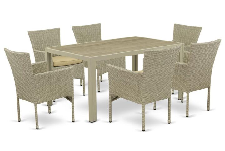 Furnish your patio dining area with this wicker patio set with a Natural finish. This 7 pc JUBK7-03A Outdoor-Furniture set includes an acacia wood top Outdoor-Furniture table and 6 single arm chairs. Constructed from a lightweight steel frame and wrapped with woven resin wicker fiber
