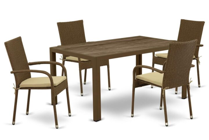 Furnish your patio dining area with this wicker patio set with a Brown finish. This 5 pc JUGU5-02A Outdoor-Furniture set includes an acacia wood top Outdoor-Furniture table and 4 single arm chairs. Constructed from a lightweight steel frame and wrapped with woven resin wicker fiber
