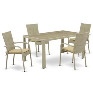 Furnish your patio dining area with this wicker patio set with a Natural finish. This 5 pc JUGU5-03A Outdoor-Furniture set includes an acacia wood top Outdoor-Furniture table and 4 single arm chairs. Constructed from a lightweight steel frame and wrapped with woven resin wicker fiber