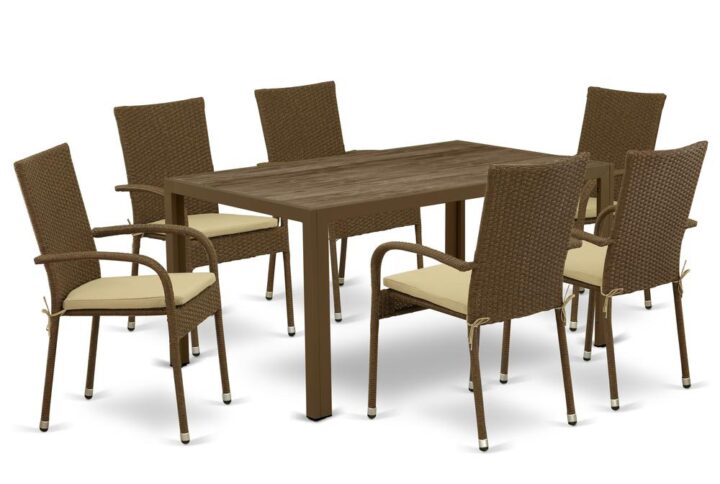 Furnish your patio dining area with this wicker patio set with a Brown finish. This 7 pc JUGU7-02A Outdoor-Furniture set includes an acacia wood top Outdoor-Furniture table and 6 single arm chairs. Constructed from a lightweight steel frame and wrapped with woven resin wicker fiber