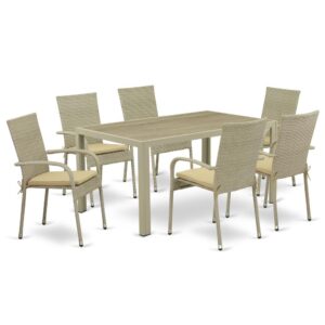 Furnish your patio dining area with this wicker patio set with a Natural finish. This 7 pc JUGU7-03A Outdoor-Furniture set includes an acacia wood top Outdoor-Furniture table and 6 single arm chairs. Constructed from a lightweight steel frame and wrapped with woven resin wicker fiber