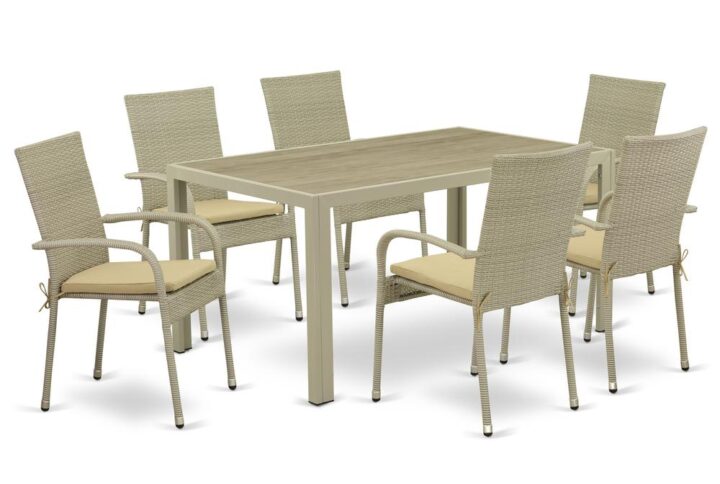 Furnish your patio dining area with this wicker patio set with a Natural finish. This 7 pc JUGU7-03A Outdoor-Furniture set includes an acacia wood top Outdoor-Furniture table and 6 single arm chairs. Constructed from a lightweight steel frame and wrapped with woven resin wicker fiber