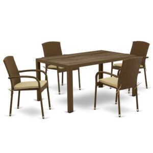 Furnish your patio dining area with this wicker patio set with a Brown finish. This 5 pc JUJU5-02A Outdoor-Furniture set includes an acacia wood top Outdoor-Furniture table and 4 single arm chairs. Constructed from a lightweight steel frame and wrapped with woven resin wicker fiber