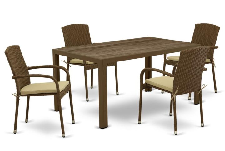 Furnish your patio dining area with this wicker patio set with a Brown finish. This 5 pc JUJU5-02A Outdoor-Furniture set includes an acacia wood top Outdoor-Furniture table and 4 single arm chairs. Constructed from a lightweight steel frame and wrapped with woven resin wicker fiber