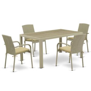 Furnish your patio dining area with this wicker patio set with a Natural finish. This 5 pc JUJU5-03A Outdoor-Furniture set includes an acacia wood top Outdoor-Furniture table and 4 single arm chairs. Constructed from a lightweight steel frame and wrapped with woven resin wicker fiber