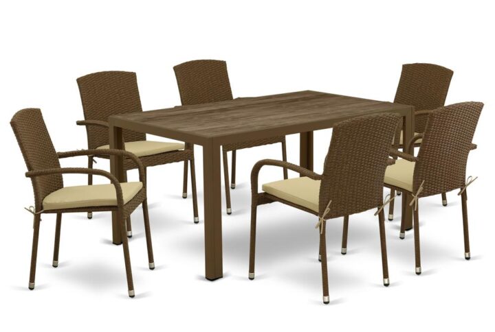 Furnish your patio dining area with this wicker patio set with a Brown finish. This 7 pc JUJU7-02A Outdoor-Furniture set includes an acacia wood top Outdoor-Furniture table and 6 single arm chairs. Constructed from a lightweight steel frame and wrapped with woven resin wicker fiber
