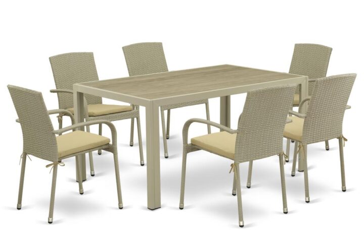 Furnish your patio dining area with this wicker patio set with a Natural finish. This 7 pc JUJU7-03A Outdoor-Furniture set includes an acacia wood top Outdoor-Furniture table and 6 single arm chairs. Constructed from a lightweight steel frame and wrapped with woven resin wicker fiber