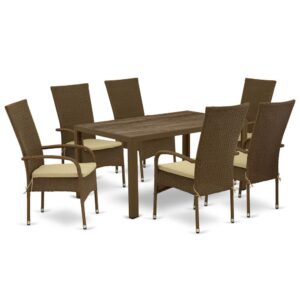 Furnish your patio dining area with this wicker patio set with a Brown finish. This 7 pc JUOS7-02A Outdoor-Furniture set includes an acacia wood top Outdoor-Furniture table and 6 single arm chairs. Constructed from a lightweight steel frame and wrapped with woven resin wicker fiber