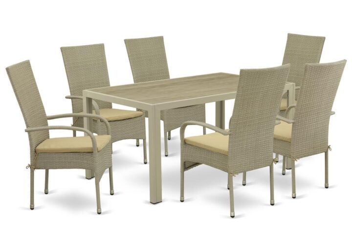 Furnish your patio dining area with this wicker patio set with a Natural finish. This 7 pc JUOS7-03A Outdoor-Furniture set includes an acacia wood top Outdoor-Furniture table and 6 single arm chairs. Constructed from a lightweight steel frame and wrapped with woven resin wicker fiber