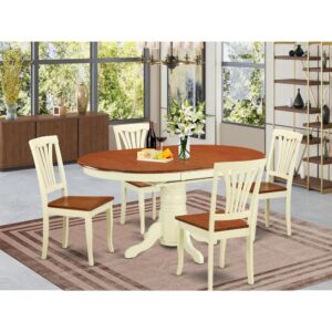The dinette table set with integrated self storing extendable leaf which accommodates 4 to 6 diners.Modern hardwood tabletop with durable carved pedestal support. Beveled oval profile to make warm and comfy kitchen environmentPolished in warm Buttermilk & Cherry finish