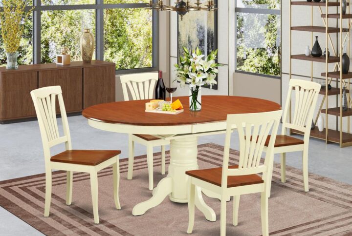 The dinette table set with integrated self storing extendable leaf which accommodates 4 to 6 diners.Modern hardwood tabletop with durable carved pedestal support. Beveled oval profile to make warm and comfy kitchen environmentPolished in warm Buttermilk & Cherry finish