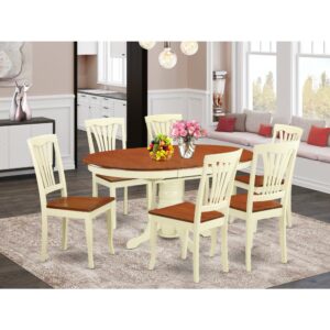 The dining room set having built in self storage extension leaf which accommodates four to six people.Slick solid wood tabletop with tough carved pedestal support. Beveled oval profile to create cozy dining room ambianceFinished in warm Buttermilk & Cherry color