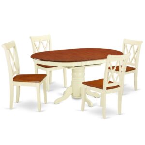 Bring a new and polished look in your dining with this KECL5-BMK-W dining set. The dinette table with built-in self-storage butterfly leaf which fits 4 to 6 persons. Dazzling solid wood table top with well-built carved pedestal support. Beveled oval shape to make welcoming kitchen space ambiance and finished in rich Buttermilk and Cherry