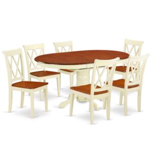 Bring a new and polished look in your dining with this KECL7-BMK-W dining set. The dinette table with built-in self-storage butterfly leaf which fits 4 to 6 persons. Dazzling solid wood table top with well-built carved pedestal support. Beveled oval shape to make welcoming kitchen space ambiance and finished in rich Buttermilk and Cherry