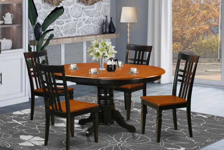 This oval beautiful table and chairs sets complement all kicthen space with unique highlights and superior style and design. These particular Kenley dining room table set boasts fascination and fundamental style for a relaxing and relaxed perception with a pretty simple warm look. Attractive kitchen table set is finished in vibrant Black & Cherry. Oval dinette table with useful 18" extendable leaf for additional friends and family when necessary. This straight backs dining chairs are available in either wood or upholstered seat to accommodate your personal taste and ideal design and style.This excellent 5 PC kitchen tables and chair set with one dining table and four kitchen chairs.