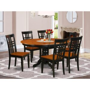 This oval beautiful table and chairs sets complement all kicthen space with unique highlights and superior style and design. These particular Kenley dining room table set boasts fascination and fundamental style for a relaxing and relaxed perception with a pretty simple warm look. Attractive kitchen table set is finished in vibrant Black & Cherry. Oval dinette table with useful 18" extendable leaf for additional friends and family when necessary. This straight backs dining chairs are available in either wood or upholstered seat to accommodate your personal taste and ideal design and style.This excellent 7 PC kitchen tables and chair set with one dining table and 6 kitchen chairs.