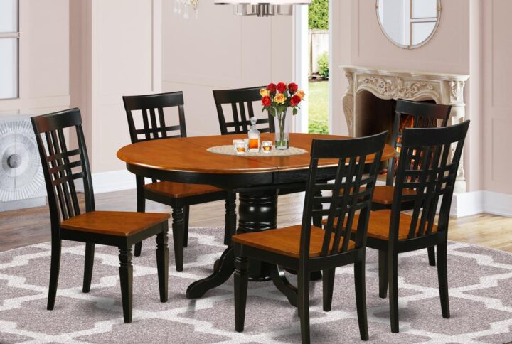 This oval beautiful table and chairs sets complement all kicthen space with unique highlights and superior style and design. These particular Kenley dining room table set boasts fascination and fundamental style for a relaxing and relaxed perception with a pretty simple warm look. Attractive kitchen table set is finished in vibrant Black & Cherry. Oval dinette table with useful 18" extendable leaf for additional friends and family when necessary. This straight backs dining chairs are available in either wood or upholstered seat to accommodate your personal taste and ideal design and style.This excellent 7 PC kitchen tables and chair set with one dining table and 6 kitchen chairs.